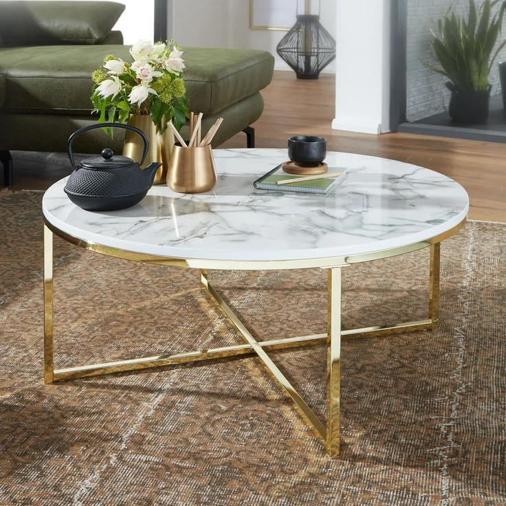 Wohnling Couchtisch Rund 80x36x80cm Marmoroptik Weiß Metallgestell Wohnzimmer – Bild 3