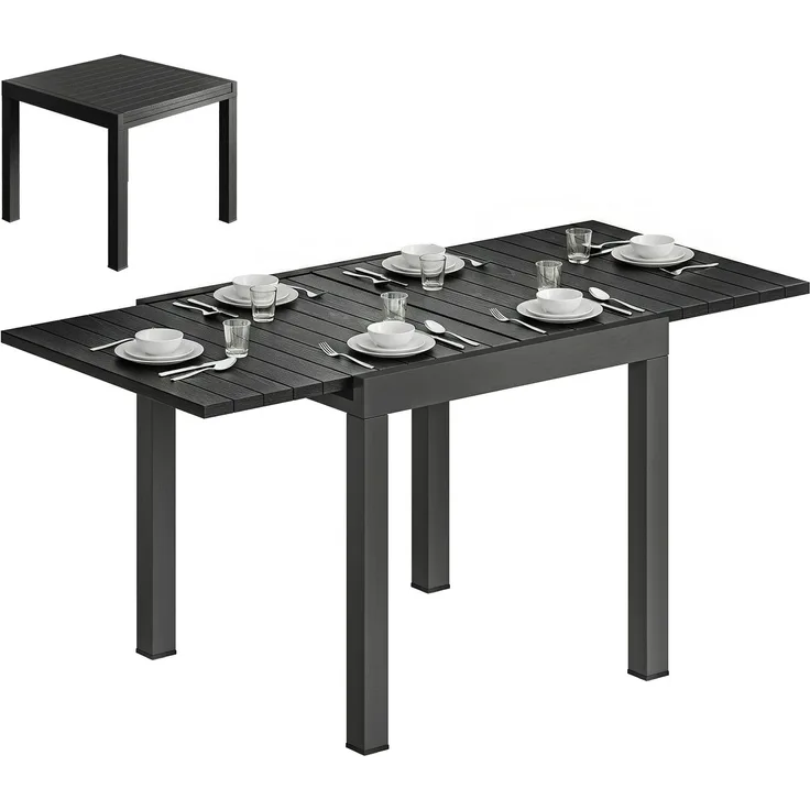Ausziehbarer Gartentisch für 4–6 Personen mit integrierter Verlängerungsplatte aus Aluminium in Holzoptik, 80–160 x 80 cm, schwarz