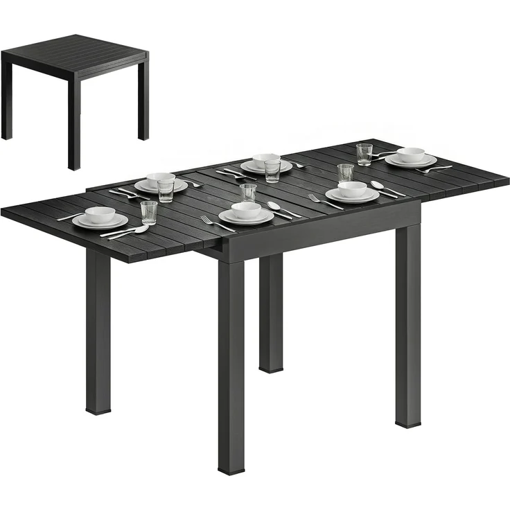 Ausziehbarer Gartentisch für 4–6 Personen mit integrierter Verlängerungsplatte aus Aluminium in Holzoptik, 80–160 x 80 cm, schwarz – Bild 1