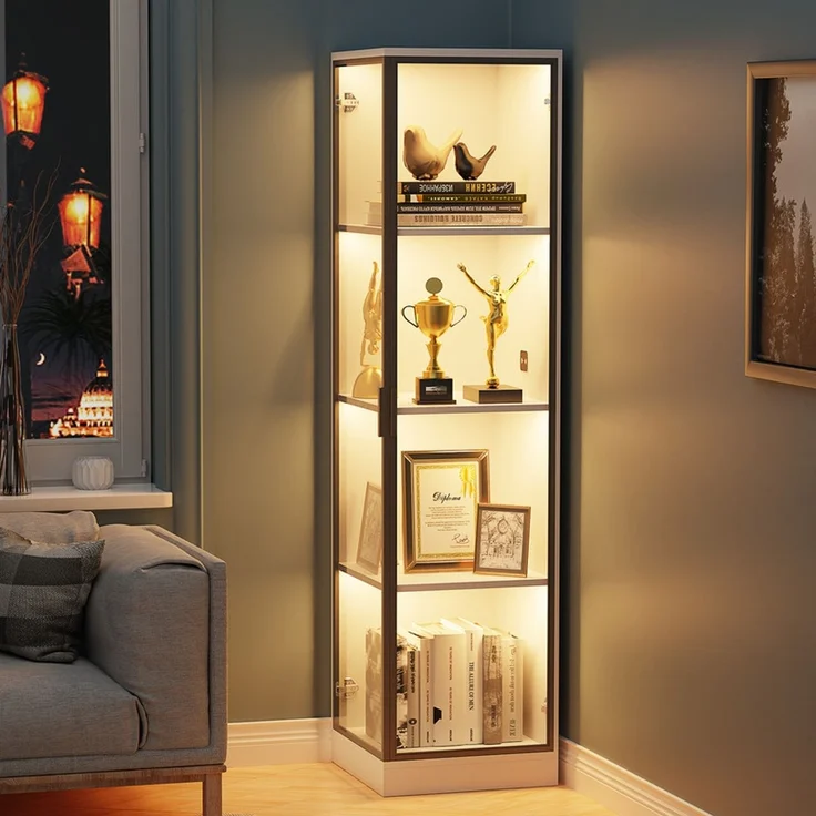Eckvitrine 85x165x36 cm, Glasvitrine mit LED-Beleuchtung, Körpersensor und 4 Regalböden, Weiß – Bild 9