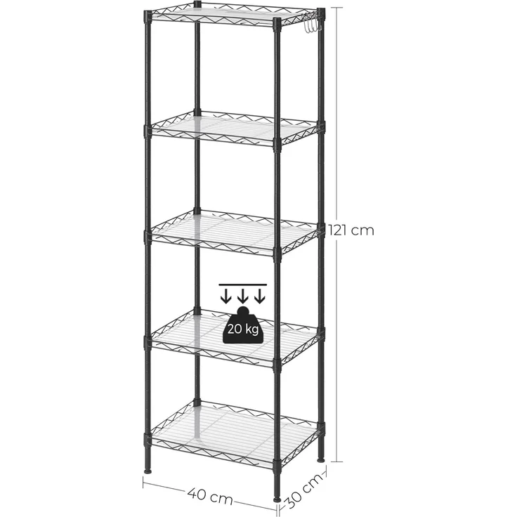 Songmics Küchenregal mit 5 Ebenen, Metallregal, Standregal, höhenverstellbare Gitterablage, mit PP-Kunststoffplatten, 8 S-Haken, für Küche, Wohnzimmer, bis zu 100 kg belastbar, schwarz LGR115B01 – Bild 5