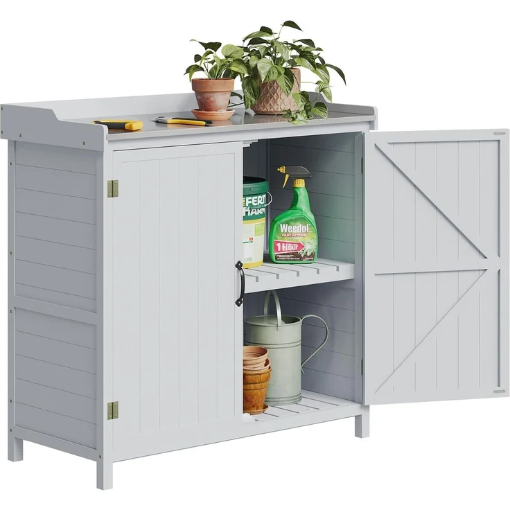 Aoxun Gartenlagerhaus aus Holz, Werkzeugschrank mit verzinkter Platte und verstellbarem Regal, Pflanzwerkbank für Gartengeräte, 98 x 47 x 94 cm, Grau – Bild 8