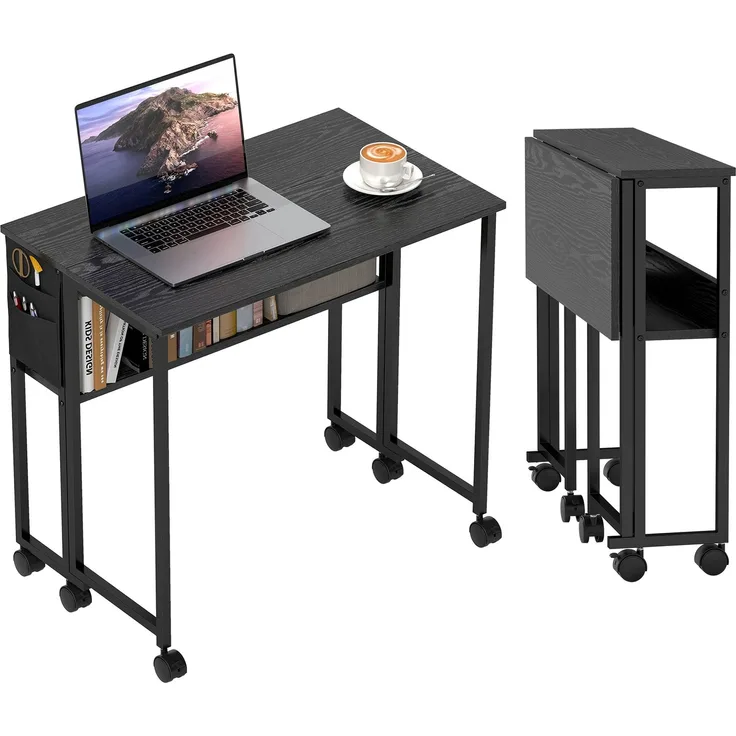 MELAYR, Klappbarer Schreibtisch auf Rollen, 80 x 50 cm, mit Ablage und Aufbewahrungstasche, Schwarz