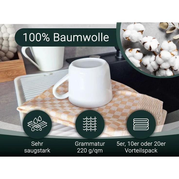 ZOLLNER 5er Set Geschirrtücher Baumwolle in 46x70 cm - super saugstarke und robuste Küchentücher – waschbar bis 60°C – in Gold kariert - Gastronomiequalität - Oeko Tex® Zertifiziert – Bild 2