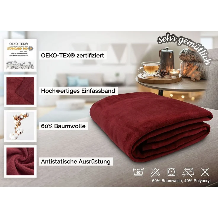 ZOLLNER Kuscheldecke mit Einfassband, 150x200 cm, weinrot – Bild 3