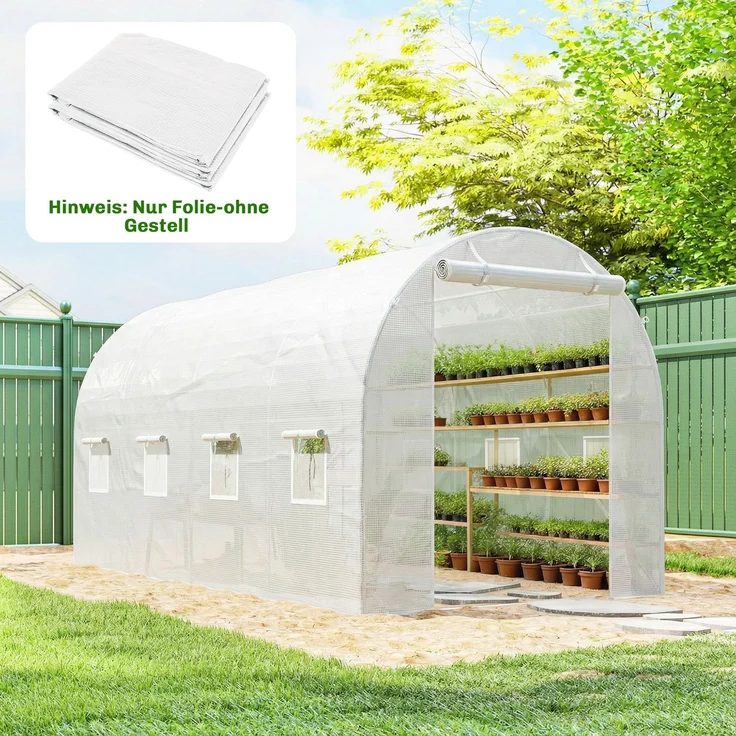 MELAYR, Gewächshausfolie 4 x 2 m, wasserdicht Gartenfolie mit Tür, 8 Fenster, UV Schutz, Weiß – Bild 4