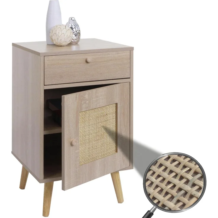 Beistelltisch HWC-M36, Kaffeetisch Nachttisch Loungetisch, Staufächer Schublade, Kubu Rattan Holz Melamin, Eiche-Optik