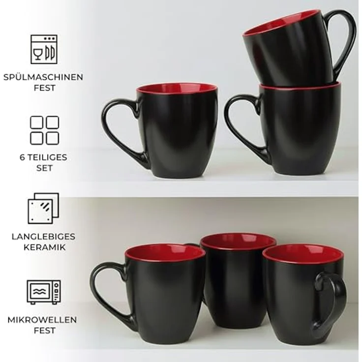 MiaMio Tasse MIAMIO - 6 x 350 ml Kaffeetassen Set Außen Schwarz Innen Farbig – Bild 7