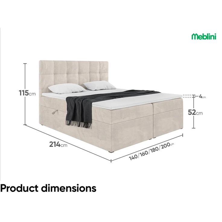 MEBLINI Boxspringbett KAI 160x200cm - H3/Beige Samt - mit Bettkasten - Gepolstert Doppelbett mit Matratze und Topper - Polsterbett mit Stauraum - Bett mit Kopfteil – Bild 7