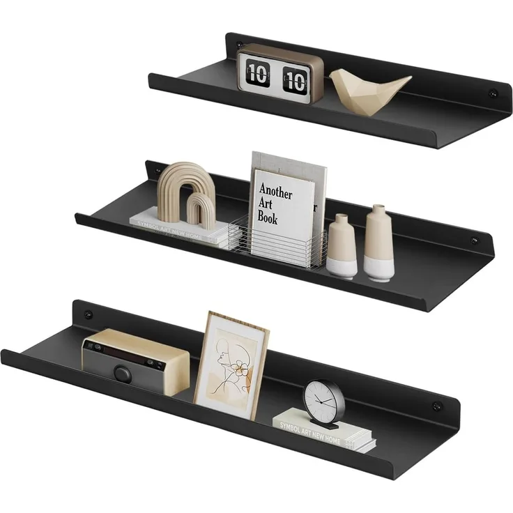 SONGMICS Wandregale aus Metall, 3er Set, Schweberegale, Industrie-Design, Wandboards, für Dekos, Bilderrahmen, mit 6 Schrauben zur Befestigung der Regale, unterschiedliche Layouts, schwarz LFS12BK