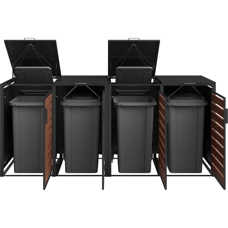 STEELSØN 'Kestra' Mülltonnenbox 4er je 240 Liter, graphitschwarz mit Nußbaum-Holzoptik, Mülltonnenverkleidung aus Stahl, wetterfest, 116x80x268 cm, Müllbox für 4 Tonnen – Bild 11