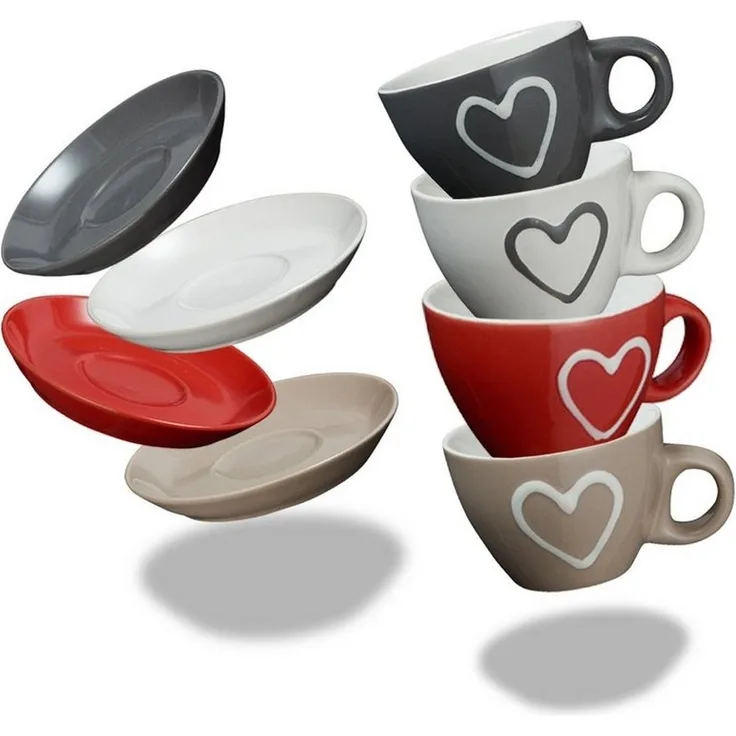 matches21 HOME & HOBBY Tasse Moderne Keramik Espresso-Tassen 4er Set beige weiß rot grau 50 ml, Keramik, Kleine Landhaus-Stil Vintage Henkel Herz Kaffee-Tassen mit Untertassen