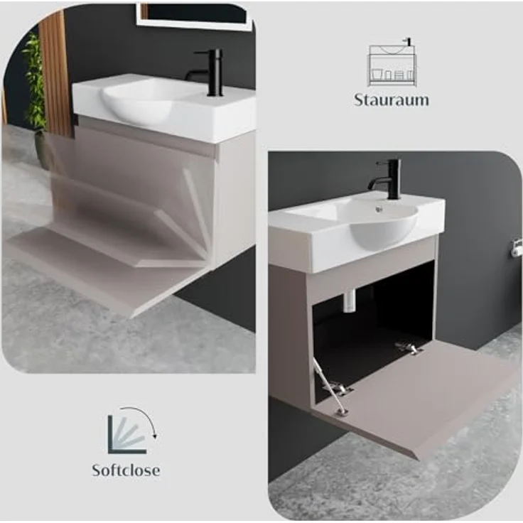 Alpenberger Badmöbel-Set Waschbecken mit Unterschrank 55 cm Breit, (Badezimmermöbel Waschtisch, Badschrank Schmal), Waschbeckenunterschrank mit Softclose – Bild 5