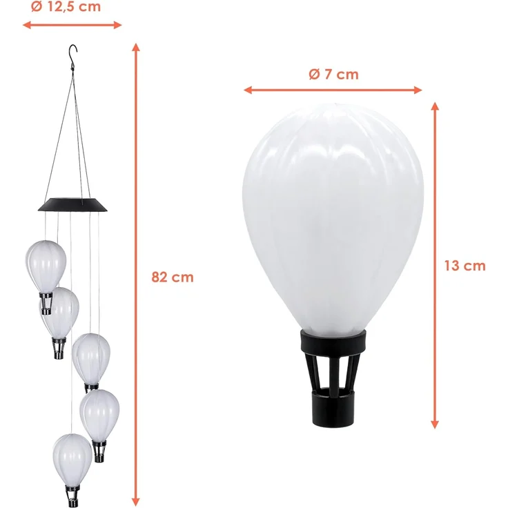 Spetebo LED Dekolicht Solar LED Windspiel mit 5 beleuchteten Heißluftballons - 82 cm, Solar betrieben, LED fest integriert, warm weiß, warm weiß mit Flammeneffekt – Bild 2