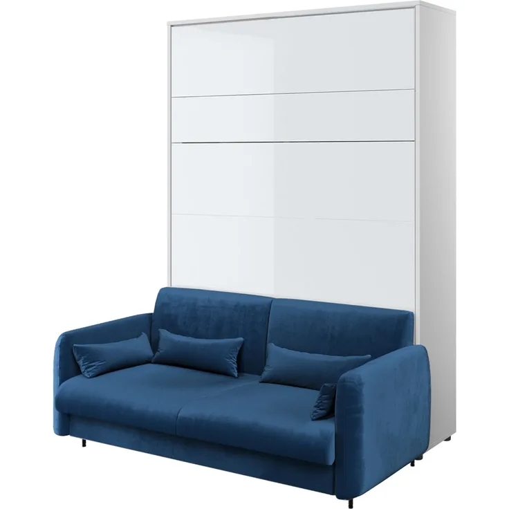 MEBLINI Schrankbett BC-01 - 140x200cm Vertikal - Weiß Hochglanz/Blau - mit Sofa - Wandbett mit Lattenrost - Klappbett mit Schrank - Wandklappbett - Murphy Bed