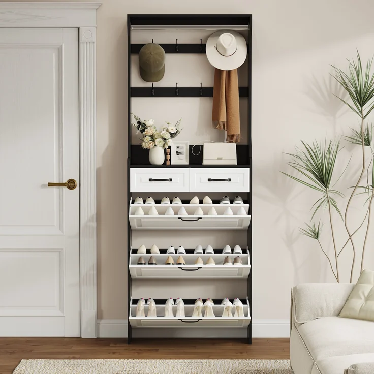 Schuhschrank mit 3 Klappen, 2 Schubladen, platzsparend, verstellbare Regale, Flur Organizer,Weiß & Schwarz – Bild 3