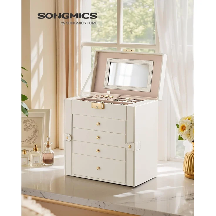 SONGMICS Schmuckbox mit 5 Ebenen, Schmuckkasten, mit Innenspiegel, abschließbar, weiß – Bild 2