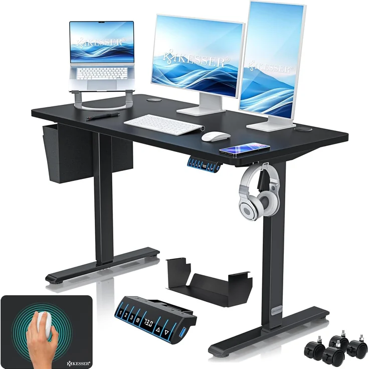 KESSER® Höhenverstellbarer Schreibtisch elektrisch | Ergonomisch Steh-Sitz Schreibtisch | 3-Funktions-Memory Steuerung | Inkl. 360° Rollen & USB-Ladeanschluss | Computertisch für Homeoffice Schwarz, 120 x 60 cm – Bild 1