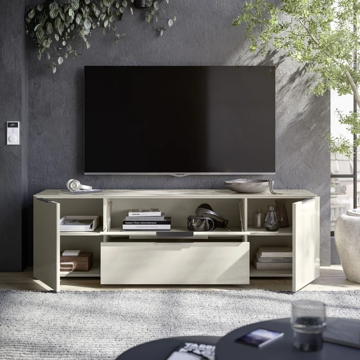Lowboard >Santorin< Glasfronten, in Kaschmir - 180x55x40cm (BxHxT) – Bild 5