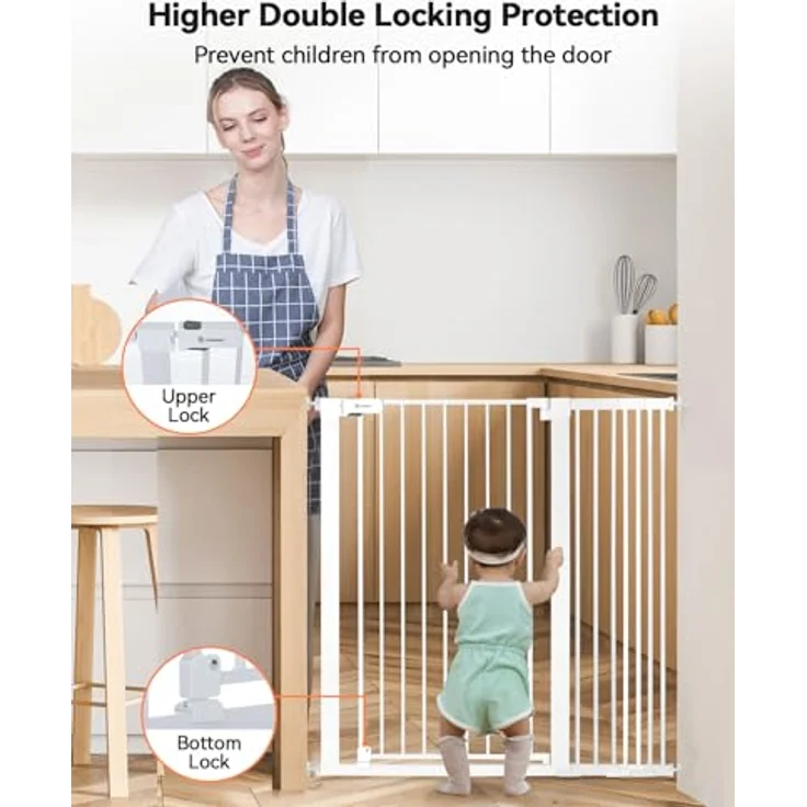 COMOMY 107 cm Extra Hoch Türschutzgitter, 75-110 cm Breit Treppenschutzgitter ohne Bohren, Türgitter für Baby, Kinder, Hund und Katze, Metall, Automatisches Schließen, 90°Stop (Weiß) – Bild 7