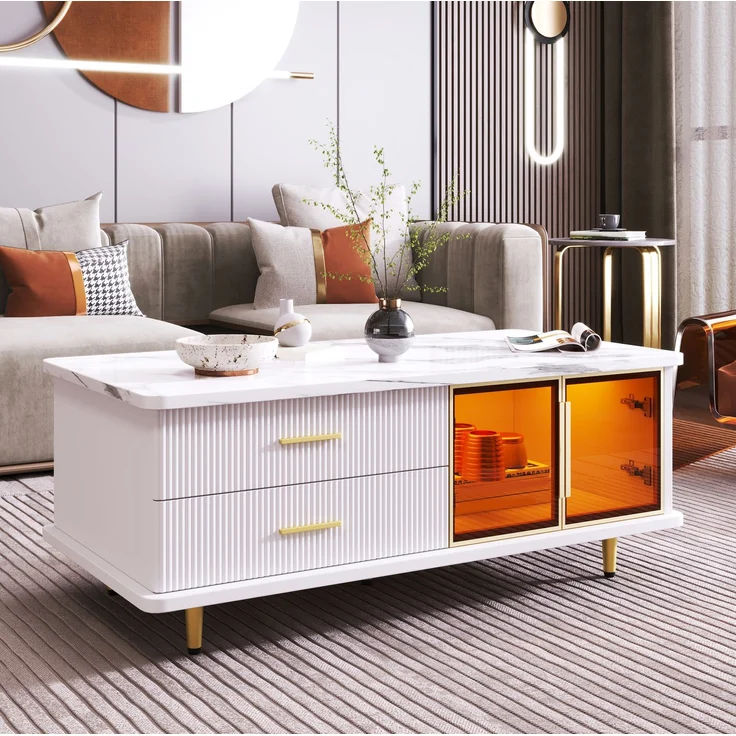 DESVIAE Couchtisch mit LED-Beleuchtung und 2 Schubladen, 100x50x40 cm, Spanplatte, Weiß und Gold – Bild 1