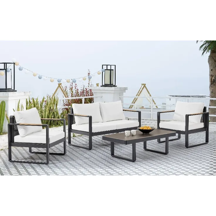 12tlg. Gartenmöbel Lounge-Set aus Aluminium - Schwarz mit Teakholz