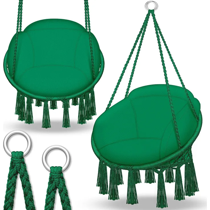tillvex Hängesessel Grün mit großem Kissen 200kg zum Aufhängen | Hängestuhl Indoor & Outdoor | Hängekorb wetterfest | Schaukelkorb