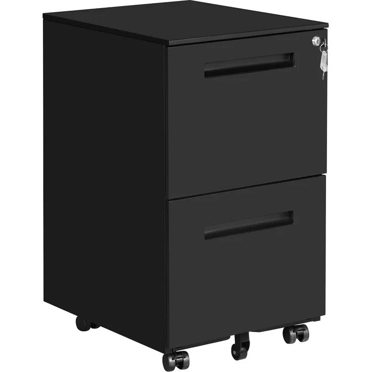Songmics Rollcontainer, mobiler Aktenschrank mit 2 Schubladen, abschließbar, für Bürodokumente, vormontiert, 39 x 45 x 69,5 cm (L x B x H), Mattschwarz OFC52BK