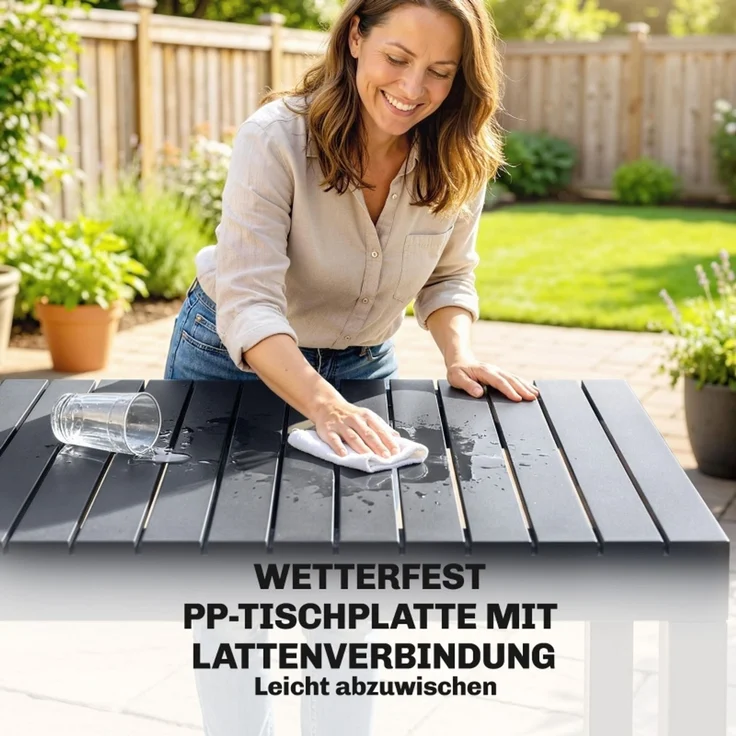 Gartenmöbel Set Sitzgruppe 5-teilig Breiter Tisch mit 4 Stapelstühlen Lamelldesign für 4 Personen – Bild 5