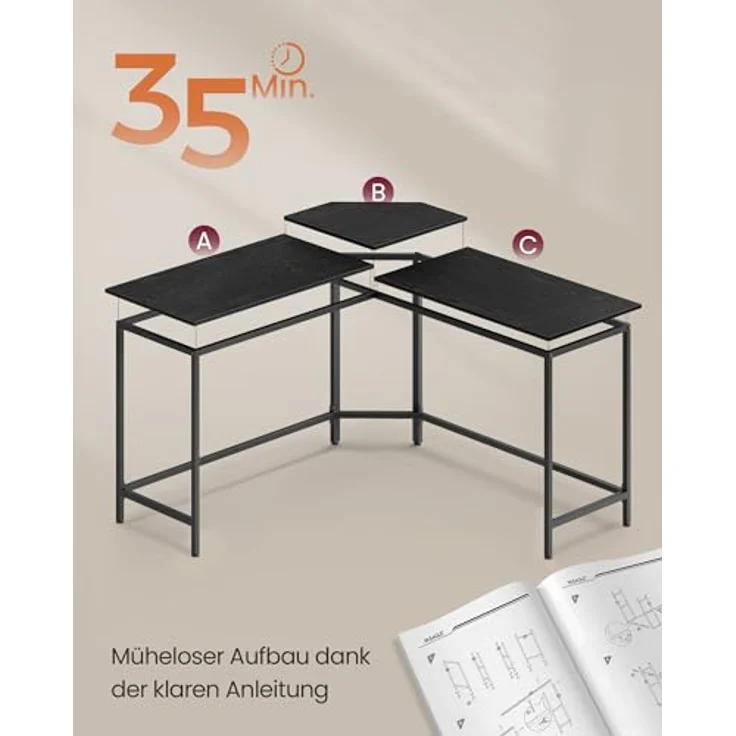 VASAGLE Schreibtisch, L-förmiger Computertisch, 140 x 140 x 76 cm, Eckschreibtisch, platzsparender Bürotisch, Gaming, Homeoffice, einfacher Aufbau, ebenholzschwarz-tintenschwarz LWD073B56V1 – Bild 6