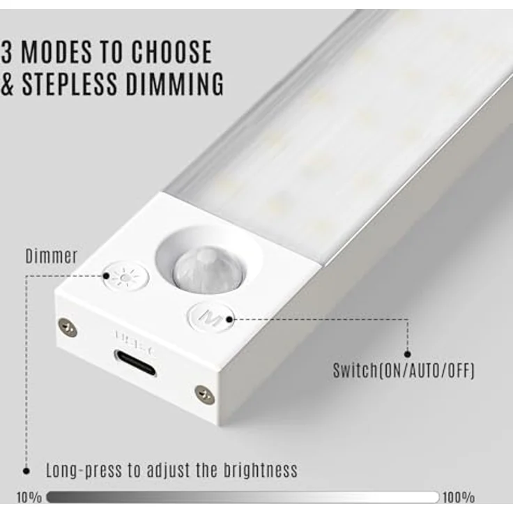 LQWELL LED Unterbauleuchte mit Bewegungsmelder, Dimmbar, Akku, USB-C Wiederaufladbar Schranklicht, LED fest integriert, Treppenlicht, Nachttischlampe 42,5 cm, 2200 mAh – Bild 3