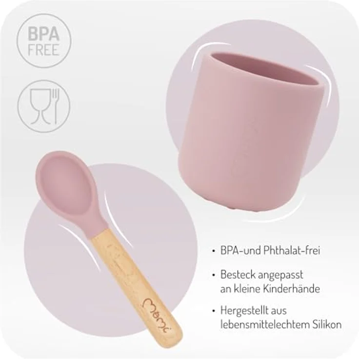 MoMi Kindergeschirr mit Essbesteck AMI, 6-teiliges Set: Lätzchen, Löffel, Gabel, Teller, Schüssel 360 ml, Becher 180 ml, aus Silikon, spülmaschinenfest und mikrowellengeeignet – Bild 3