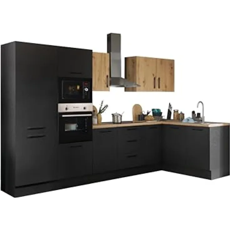 Turin LBM Eckküche 330 x 211 x 60 cm, schwarz - Ohne Küchengeräte - Moderne, geräumige Küche in Artisan-Eiche Optik mit viel Stauraum