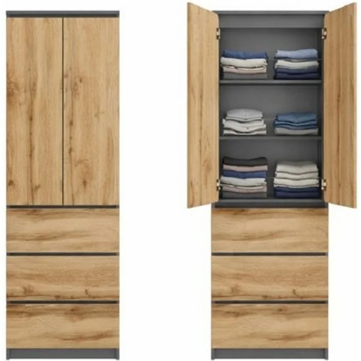 Home Collective Kleiderschrank Garderobenschrank Mehrzweckschrank Schrank platzsparend & vielseitig (50x40x180,5 cm (BxTxH), ideal für Schlafzimmer Flur & Arbeitszimmer) mit 2 Türig 3 Einlegeböden & 3 Schubladen in anthrazit-eiche – Bild 4