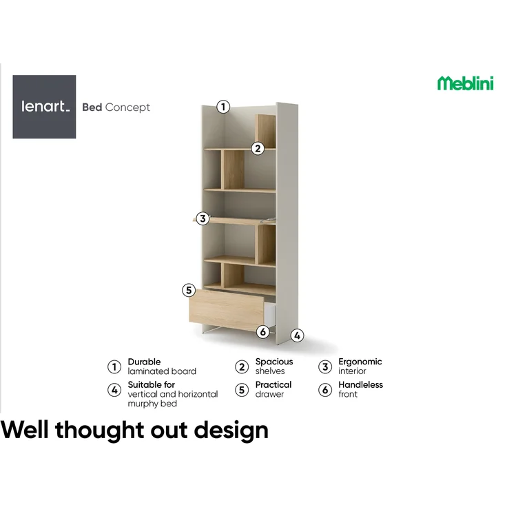 MEBLINI Schrank für Schrankbett Bed Concept - Hochschrank mit Regalen, Fächern und Schublade - BC-22 - Kaschmir/Nagano Eiche – Bild 4