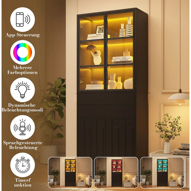 ZUBALIYA Hochschrank mit Glasschranktüren / Hochschrank Glasvitrine mit LED, mit küche und arbeitszimmer, 70 x 34 x 180 cm LED Display Vitrine Mit 2 Schubladen, Schwarz, fürs Wohnzimmer – Bild 24