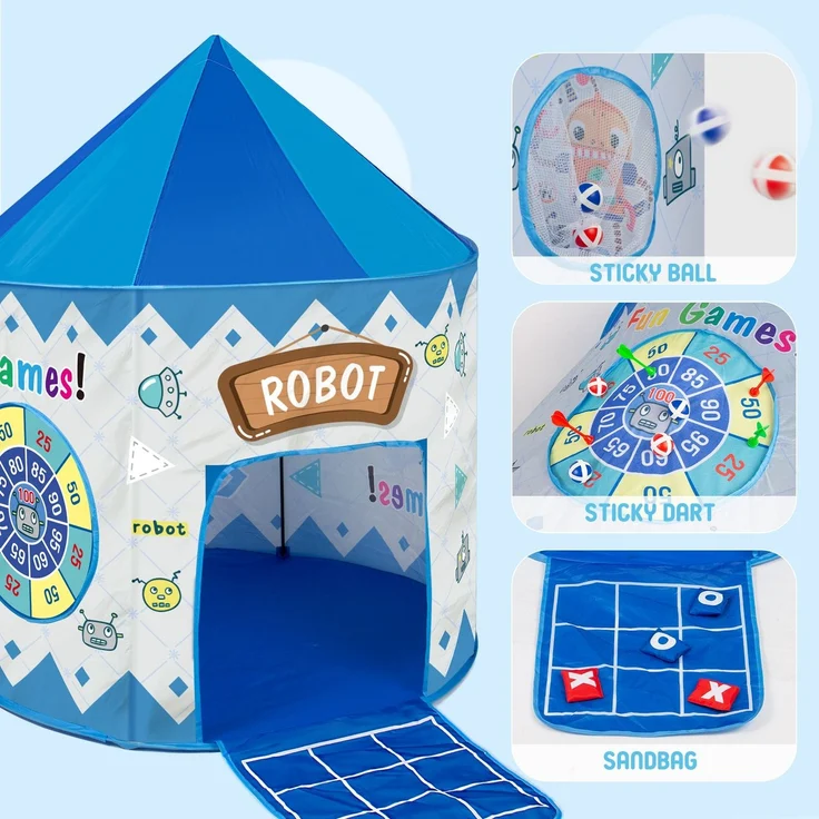 Leogreen Interaktive Spielzelt für Kinder, 4 in 1 Zelt Kinderzimmer, Roboter-Motiv mit Tic-Tac-Toe, Wurfbälle, Darts Spielen, und Tragetasche Spielzelt für kreative Entdeckung – Bild 4