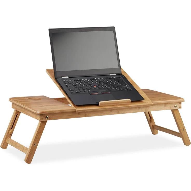 Relaxdays Laptoptisch Bambus XL, ideale Belüftung, höhenverstellbar, 5 Neigungswinkel, Lapdesk mit Schubfach, Natur