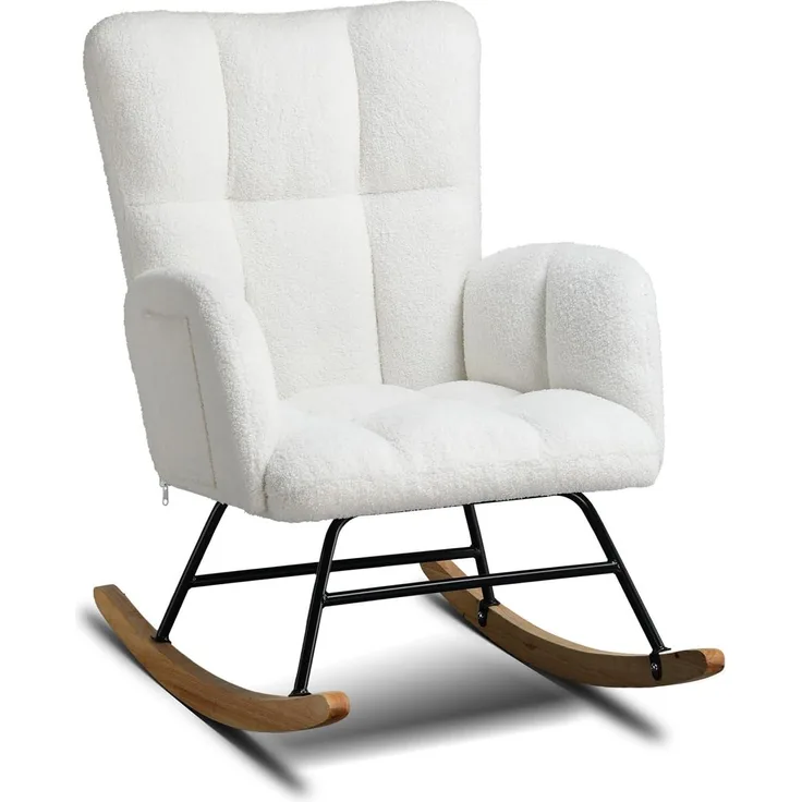 COMHOMA Schaukelstuhl, Relaxsessel mit Armlehnen, Ohrensessel aus Teddy-Plüsch Schaukelsessel, bis 150 kg belastbar, sonnenliege gartenliege für Schlafzimmer, Wohnzimmer, Stilvolles Design weiß