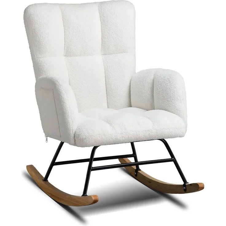 COMHOMA Schaukelstuhl, Relaxsessel mit Armlehnen, Ohrensessel aus Teddy-Plüsch Schaukelsessel, bis 150 kg belastbar, sonnenliege gartenliege für Schlafzimmer, Wohnzimmer, Stilvolles Design weiß – Bild 1