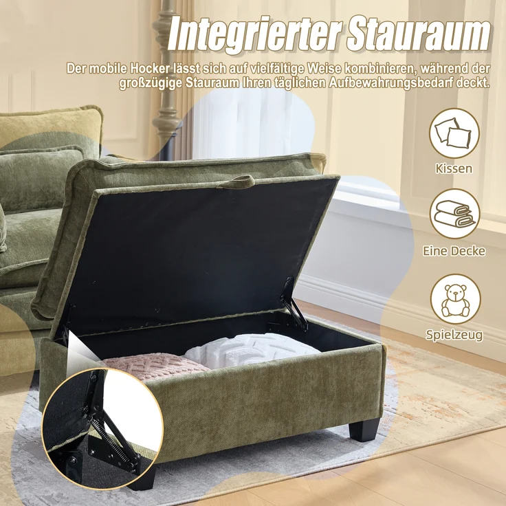 LVHOM Einzelsofa mit Ottomane, Chenille Chaiselongue Sessel mit Seitentasche, Relaxsessel Fernsehsessel Ohrensessel mit Hocker, Olive – Bild 5