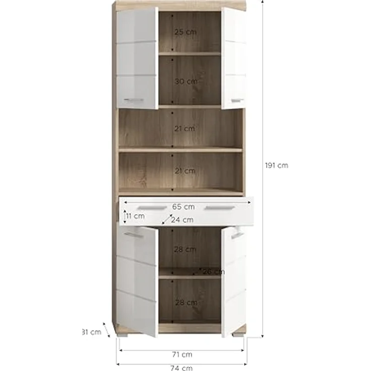 Xonox Lambada Hochschrank (B/H/T: 74x191x31 cm) in weiß Hochglanz und Sonoma Eiche hell – Bild 5