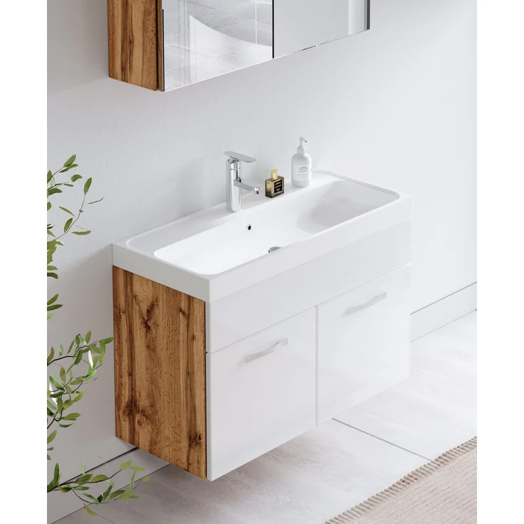 Badplaats Badmöbel Komplettset Paso 02 80 x 40 cm Eiche mit Weiß Hochglanz - Badezimmermöbel mit Waschbecken und Spiegelschrank – Bild 4