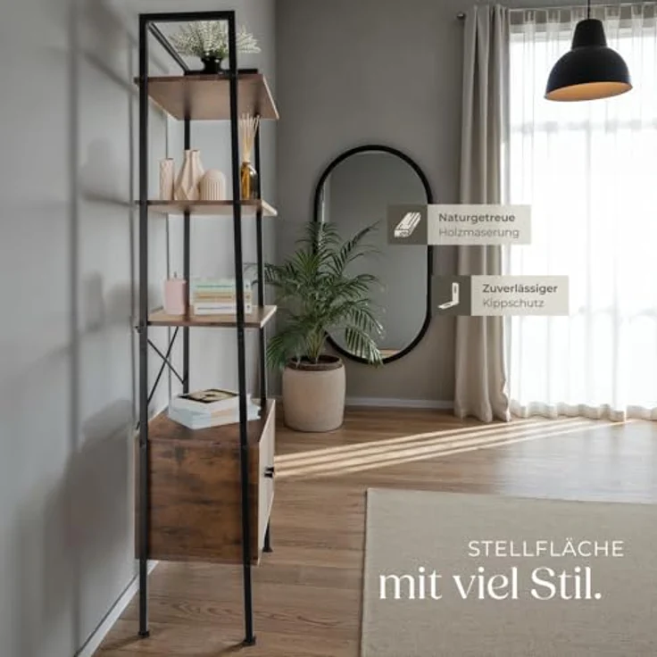 tectake Leiterregal Brentwood, Holzwerkstoff in Beton-Optik, 4 Ebenen, 2 Schrankfächer, 34x173x57,5 cm, Industrial Style – Bild 8