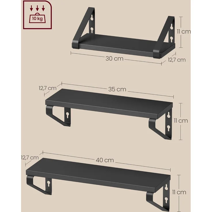 VASAGLE Wandregal, Schweberegal, 3er Set, Regalbrett, 2 Montagemöglichkeiten, Regal zur Präsentation, für Wohnzimmer, Küche, Arbeitszimmer, Badezimmer, tintenschwarz-Mattschwarz LWS033B10 – Bild 3