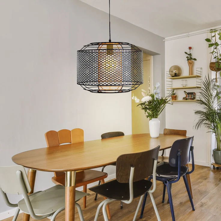 Hängelampe, Metall, goldfarbener Zylinder, Gitter, H 150 cm – Bild 3