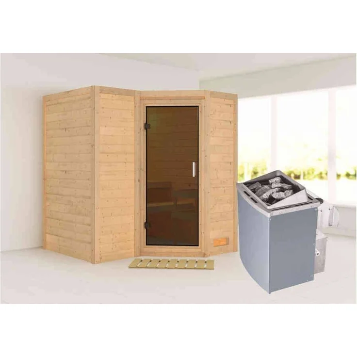 Karibu Sauna Sahib 1 + 9kW Saunaofen mit integr. Steuerung Graphit-Ganzglastür – Bild 1