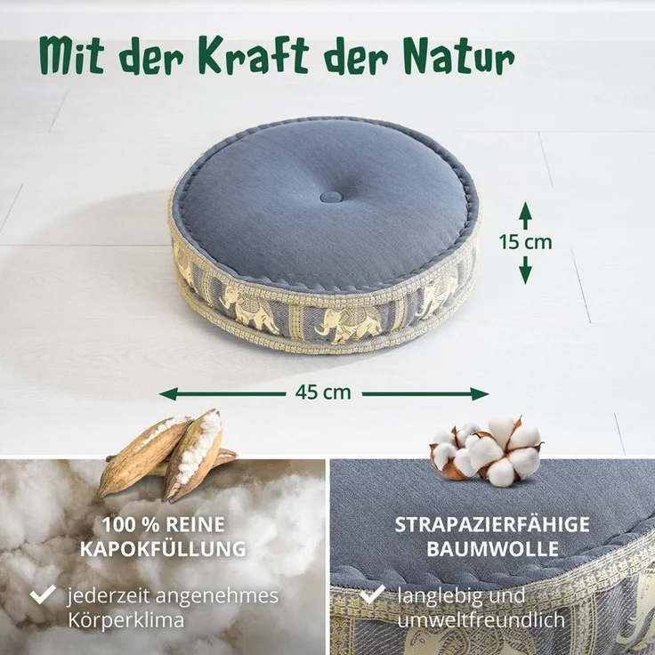 livasia Meditationskissen Zafukissen groß (Deluxe) - 45x15cm, Kapok, vegan, handgefertigt – Bild 4