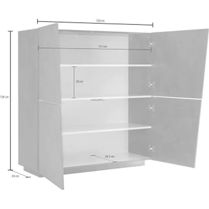 Dmora - Kommode Pavel, 4-türiges Küchen-Sideboard, Wohnzimmer-Buffet, 100 % Made in Italy, 120 x 43 x 126 cm, glänzendes Weiß, – Bild 3