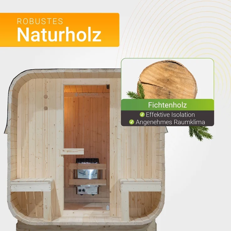 Artsauna Fasssauna Nolvik XXL, Outdoor-Sauna aus Fichtenholz, 8 kW Ofen, LED, Komplettset mit Sanduhr, Eimer & Thermometer, winterfest, Cube Design – Bild 3